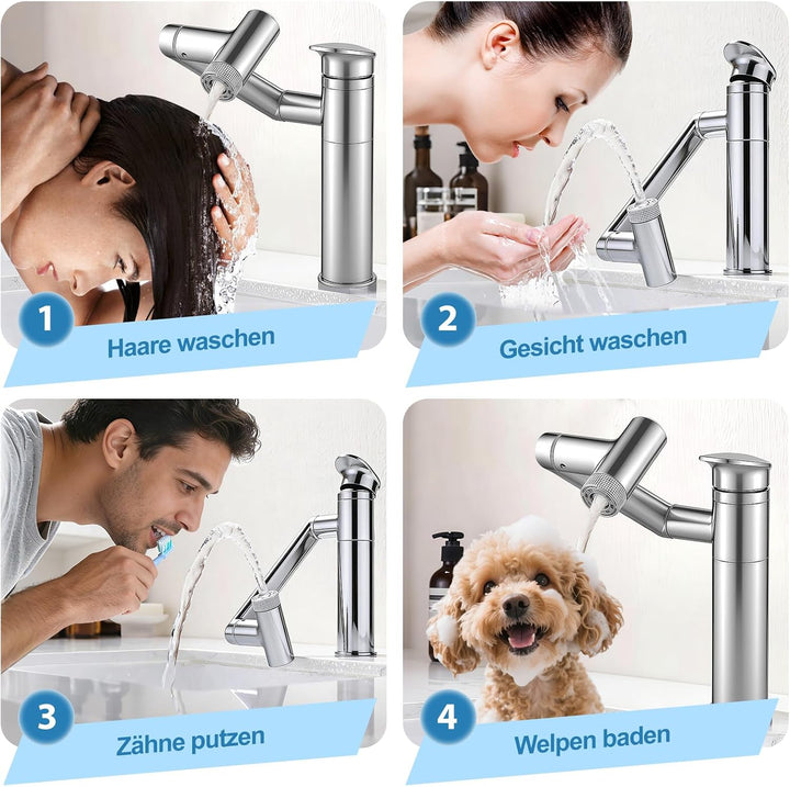 Badezimmer Wasserhahn, 1080° Drehbare Waschtischarmatur Höhenverstellbare Badezimmerarmatur Waschbec