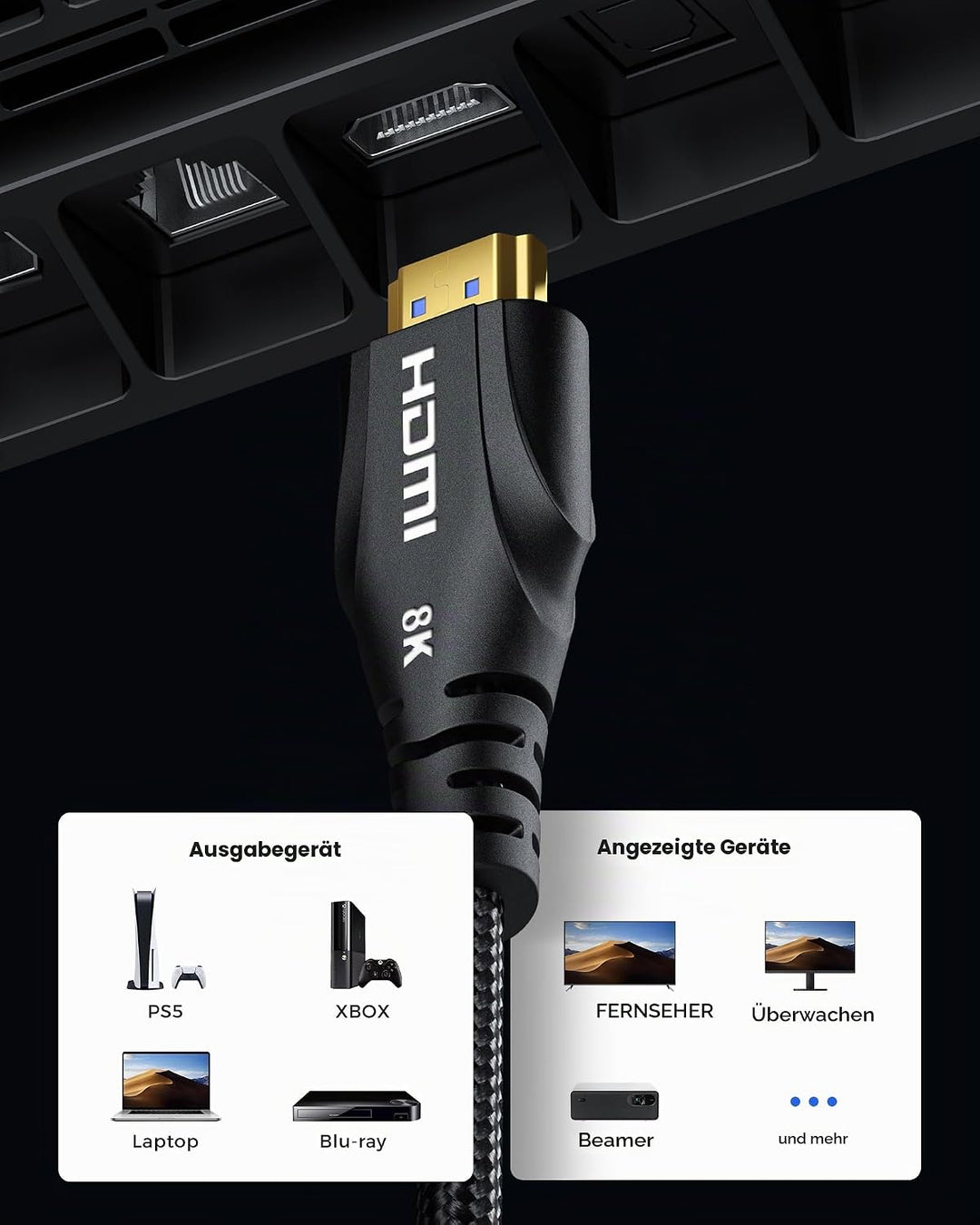 8K HDMI Kabel 4 Meter - High Speed HDMI Kabel 48Gbps, 8K 60Hz, 4K 120Hz, Geflochten, eARC, ARC, HDCP
