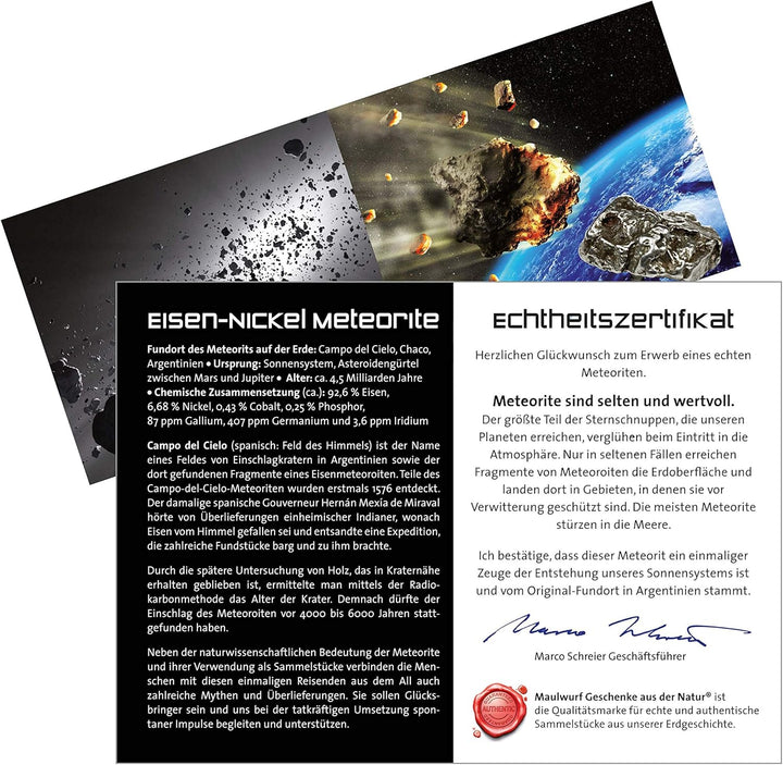 Maulwurf - Geschenke aus der Natur - echte Sternschnuppe mit Zertifikat - Meteoriten-Steine ca. 25-3