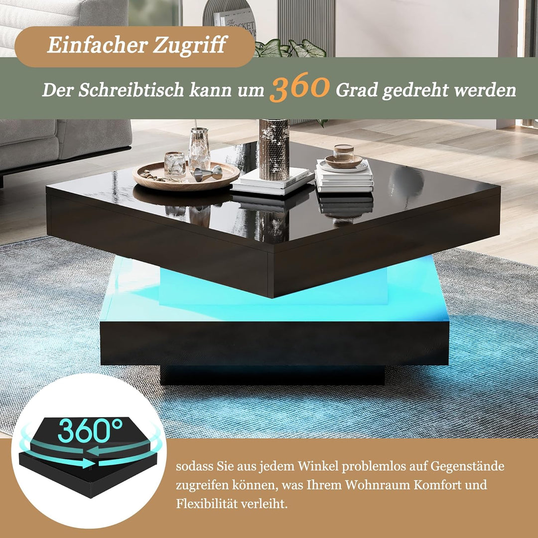Merax Couchtisch Schwarz Hochglanz quadratischer, Moderner Wohnzimmertisch mit drehbarer Platte, Bei