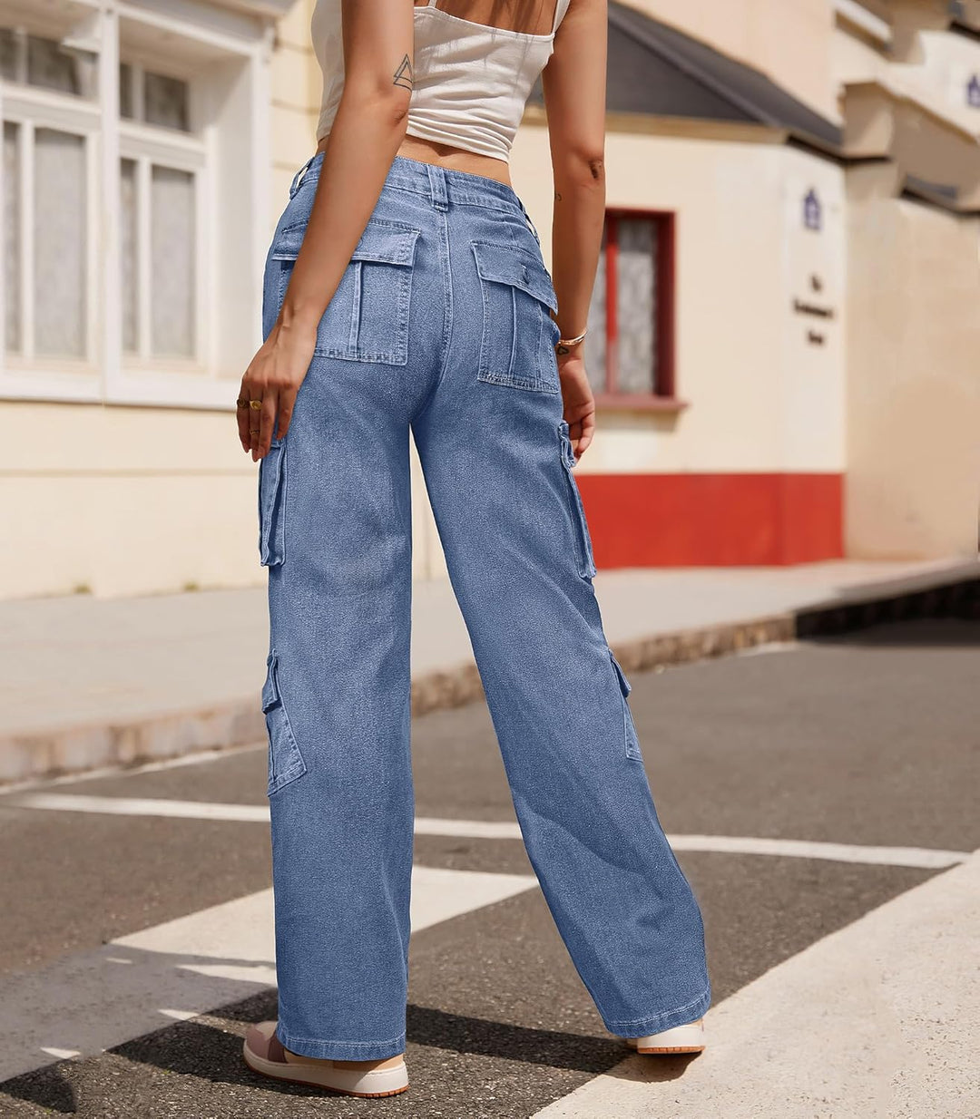 Cargohose Damen Baggy Y2K Multi Taschen High Waist Stretch Wanderhose Sport Jogginghose mit Elastisc