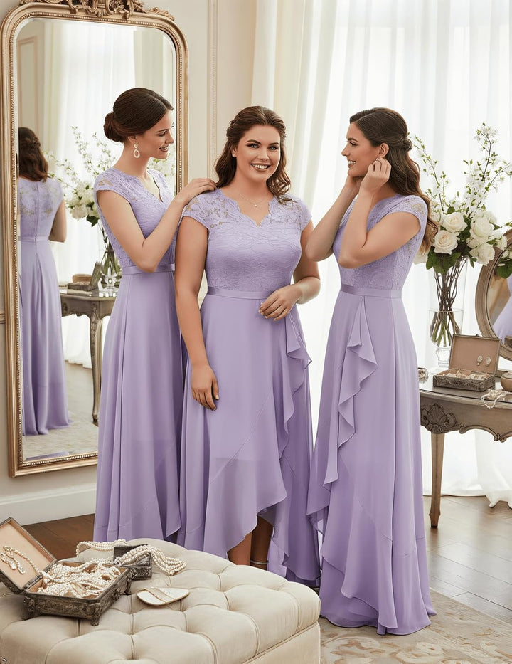 Bbonlinedress Abendkleider elegant für Hochzeit Spitzenkleid Chiffon Hi-Lo Kleid Brautjunferkleid Pa