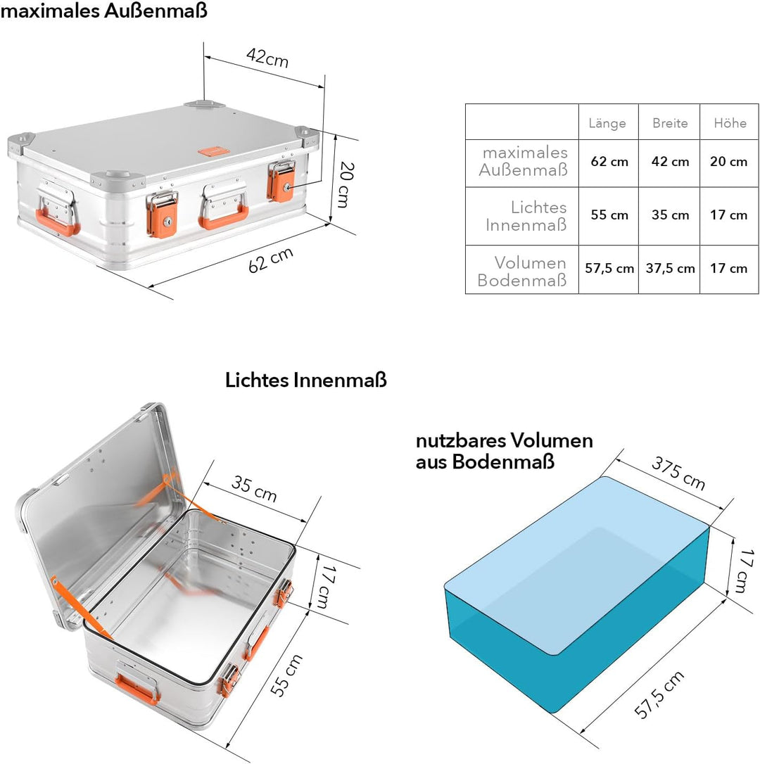 ALUBOX Alukiste abschliessbar E39 - Premium Aluminium Lagerbox 39 Liter - Deckel mit Aluminium Druck