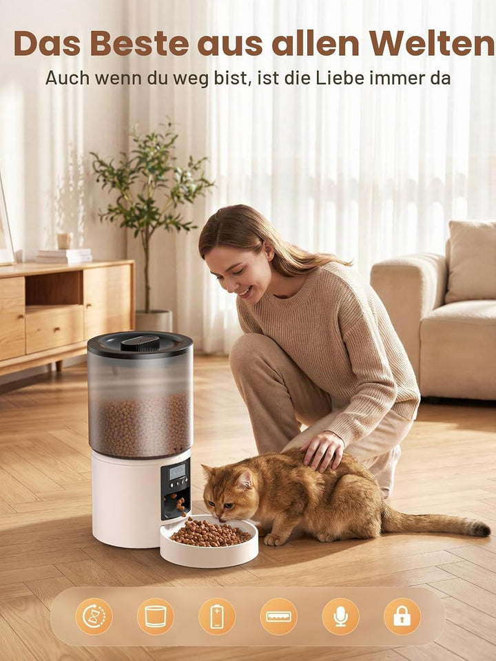 Futterautomat Katze 4L mit Timer, Katzenfutter Automat programmierbar 1–6 Fütterungen Portionskontro