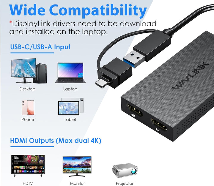 WAVLINK USB 3.0 / C Displaylink Adapter Dual HDMI 4K 60Hz for Dual Monitors, USB A/C to HDMI 4K Outp
