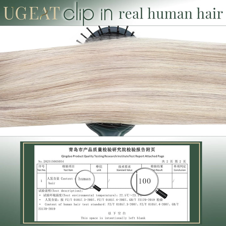 Ugeat Clip Extensions Echthaar Haar 35cm Gesträhnt Farbe Aschblond mit Bleichblond P18/613 Echthaar