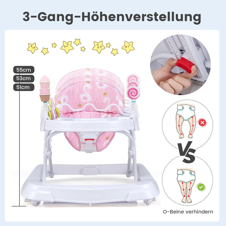 COSTWAY Lauflernhilfe Baby klappbar, Lauflernwagen 3-stufig höhenverstellbar mit Rädern, Spielzugen,