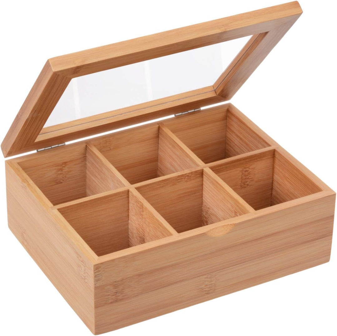 GRÄWE Aufbewahrungsbox aus Bambus mit 6 Fächern, klappbarer Deckel, Sichtfenster, Box zur Aufbewahru