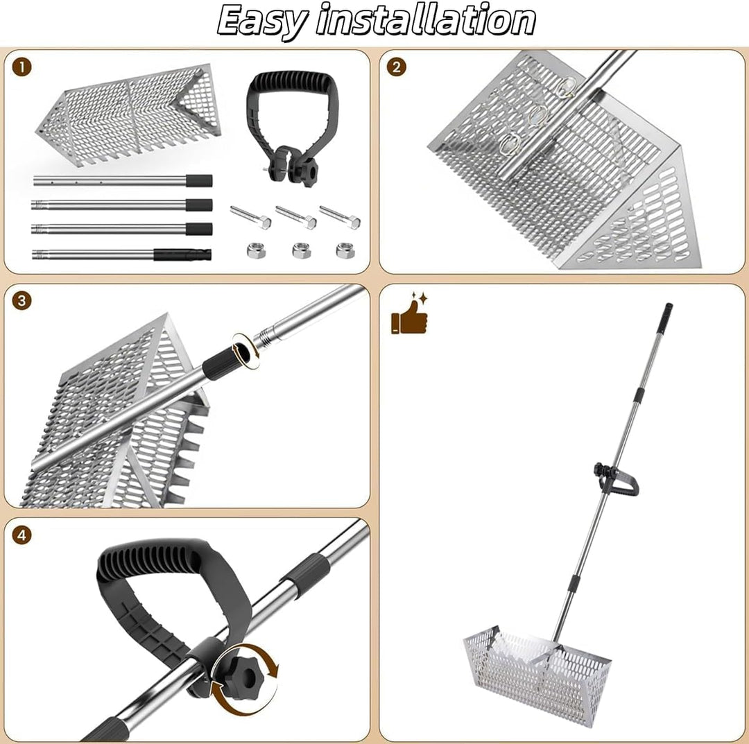 Sand Flohrechen Set, Edelstahl Strand Sandsieb mit 15,8 Zoll Haifischzahn, breiter Korb, Kohlenstoff