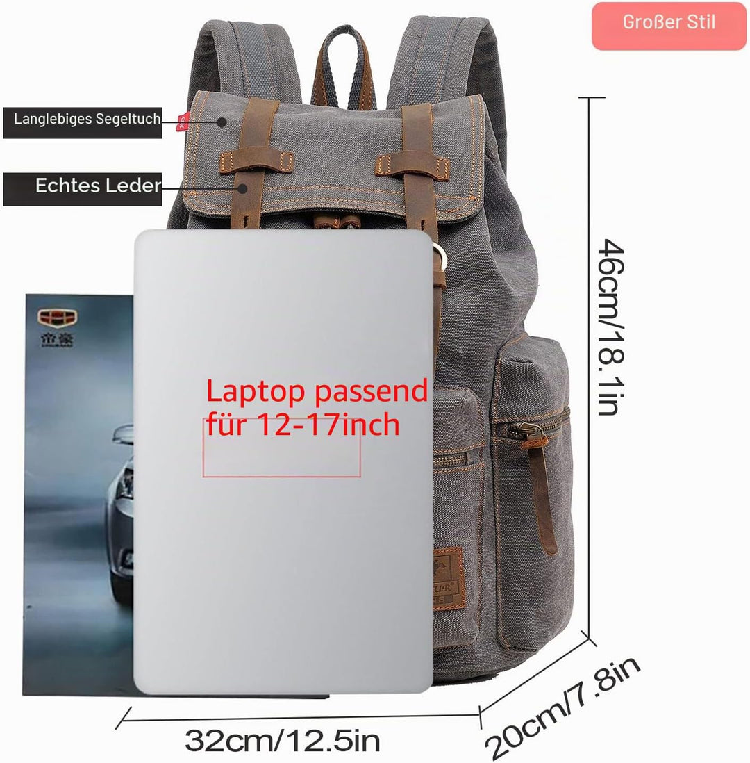 Retro Segeltuch Rucksack, Canvas Vintage Rucksack Laptop Daypack Schulrucksack Reisetasche Lederruck