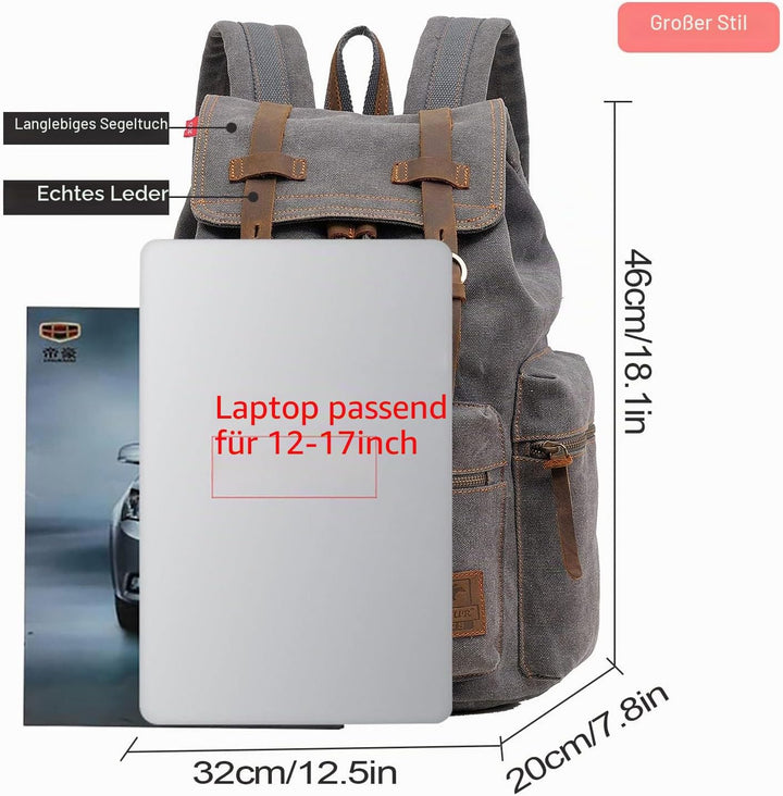 Retro Segeltuch Rucksack, Canvas Vintage Rucksack Laptop Daypack Schulrucksack Reisetasche Lederruck