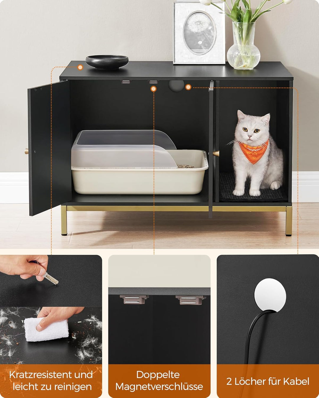 Feandrea Katzenklo-Schrank, Katzenhaus, Katzentoilette, mit Kratzmatte, hohe Beine, für Katzen, Beis
