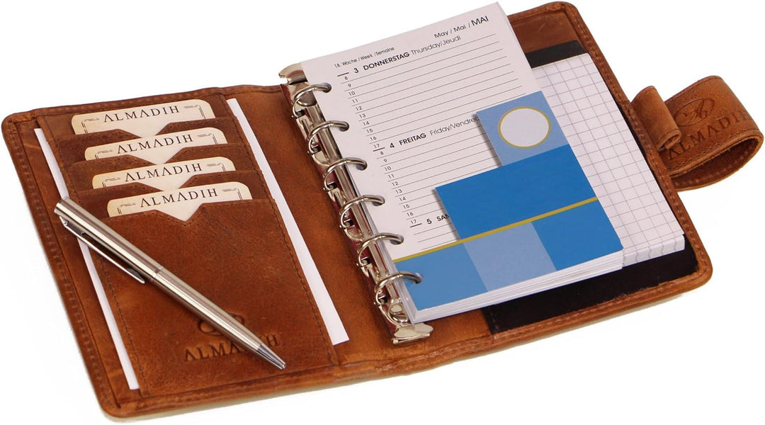 ALMADIH Leder A7 Terminplaner Kalender 2024 Notizblock Premium Rindsleder BD in Geschenkbox Ledermap