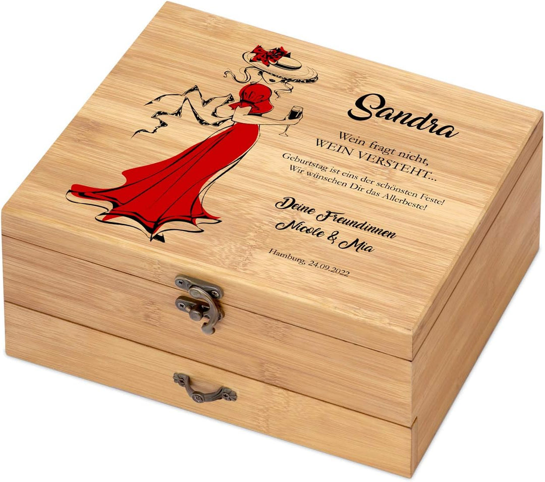 Maverton Weinöffner-Set personalisiert Weinset Sommelier Set - Geschenkbox Holzbox + 8er Weinzubehör