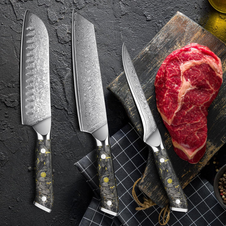 Home Safety Damast Santoku Messerset 3STK - Damast Küchenmesser Set mit 14.5-18 cm Klinge aus Kirits