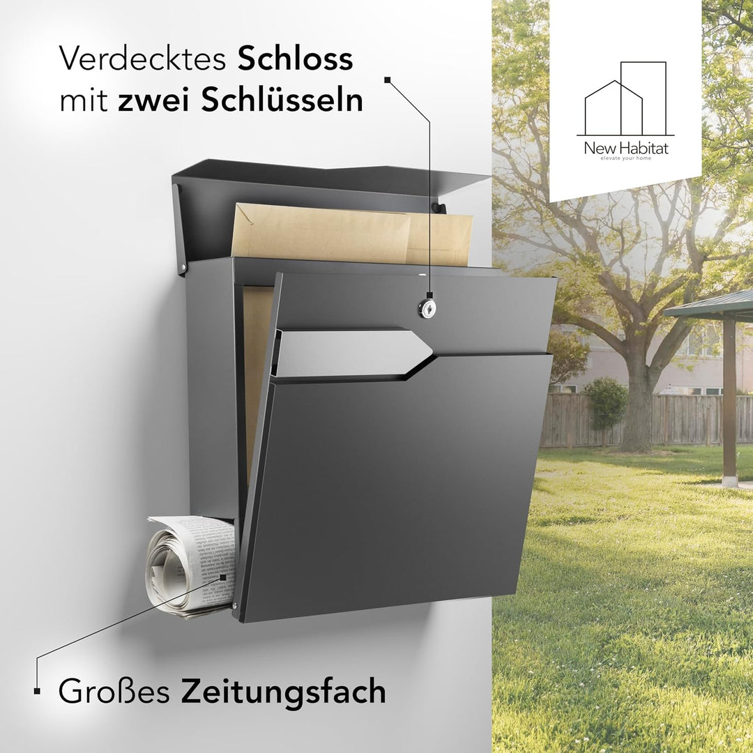 NewHabitat - Briefkasten Munich mit Zeitungsfach - Anthrazit RAL 7016 Ohne Gravur, Ohne Gravur