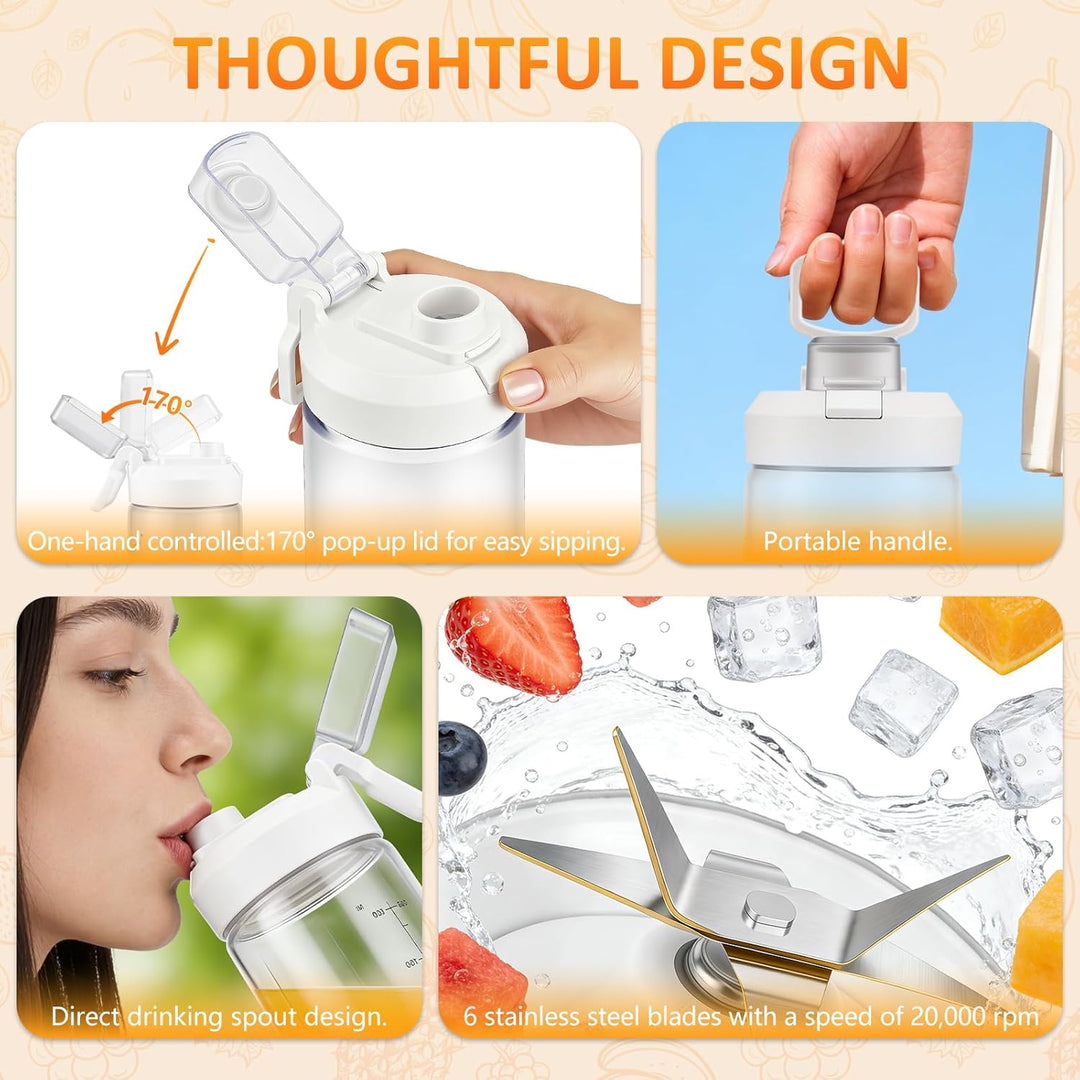 Tragbarer Mixer & Smoothie Maker to go 650ml, 4000mAh Akku USB-C wiederaufladbar | Zerkleinert Eis &