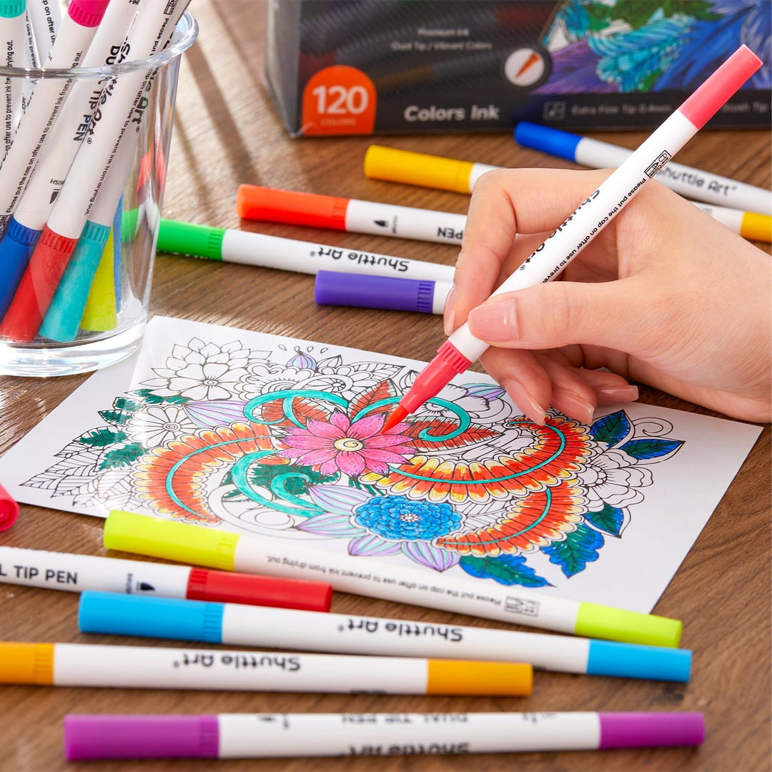 Shuttle Art Dual Brush Pen Set, 120 bunte Filzstifte doppelköpfige Pinselstifte mit weicher Spitze,