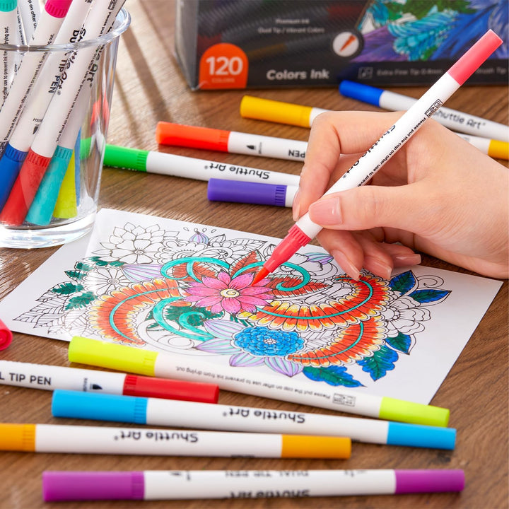 Shuttle Art Dual Brush Pen Set, 120 bunte Filzstifte doppelköpfige Pinselstifte mit weicher Spitze,