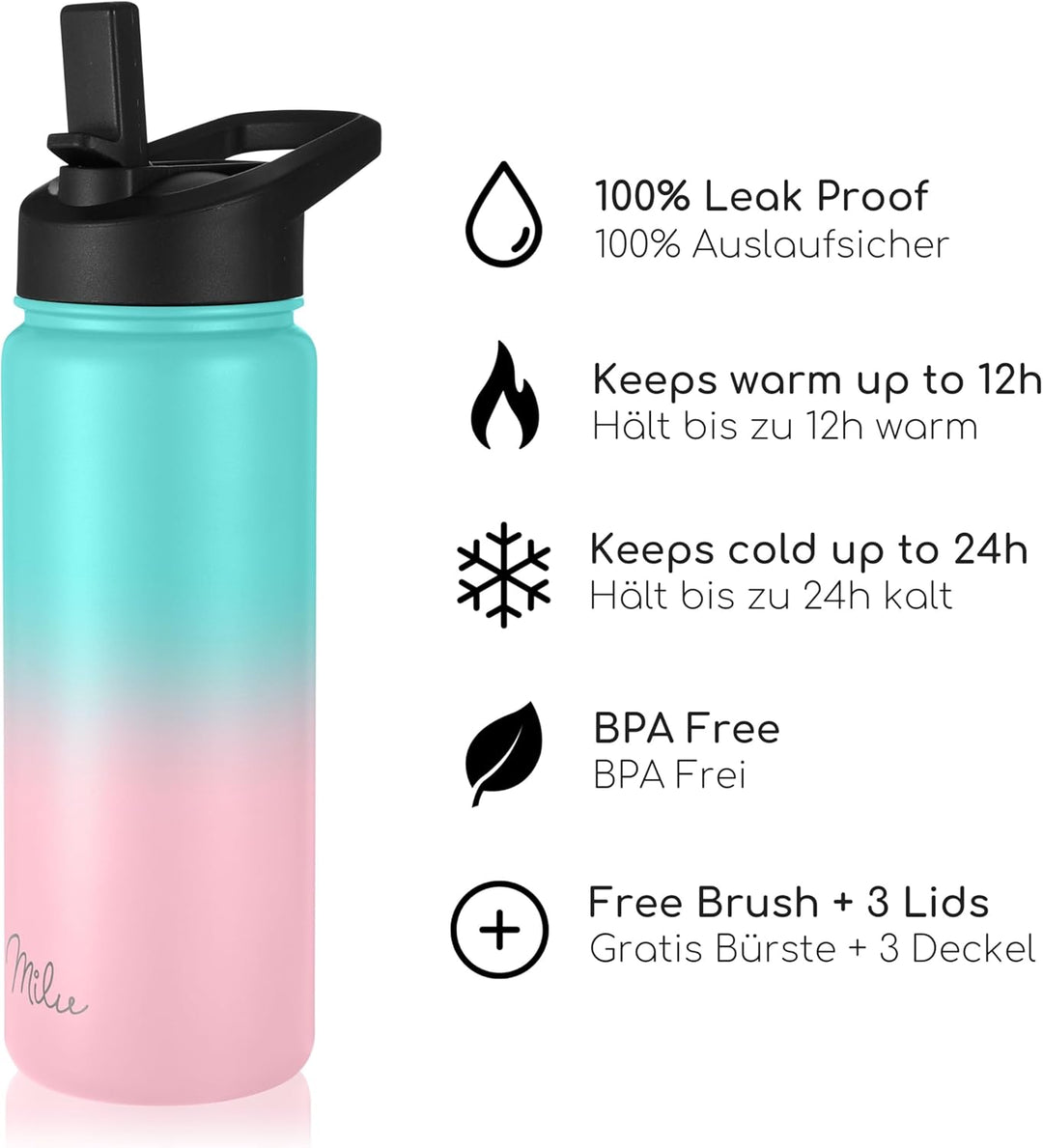 Milu Edelstahl Trinkflasche 500ml, 750ml, 1L (+3 Deckel) Thermosflasche mit Strohhalm, Isolierte Was