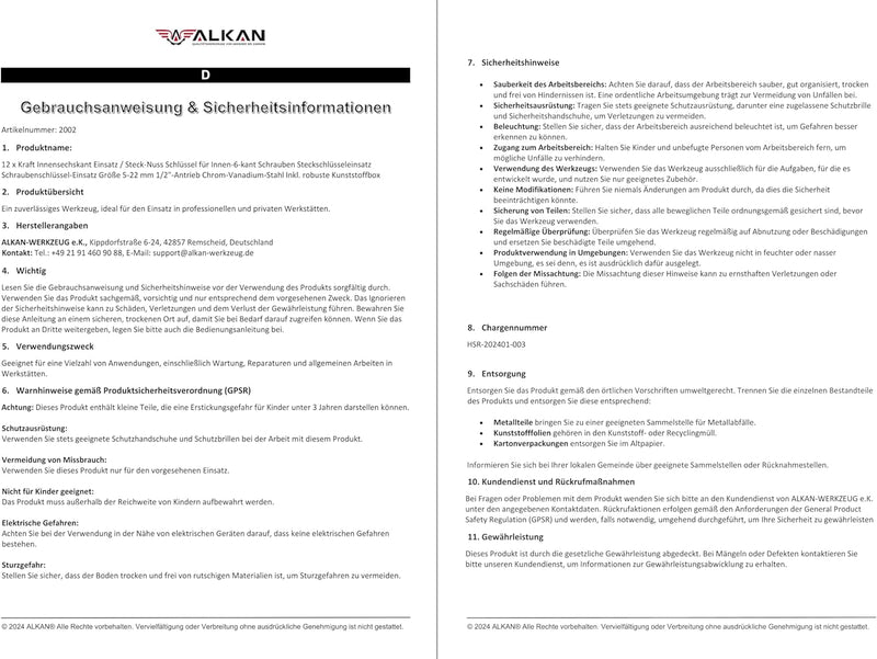 12 x Kraft Innensechskant Einsatz/Steck-Nuss Schlüssel für Innen-6-kant Schrauben Steckschlüsseleins