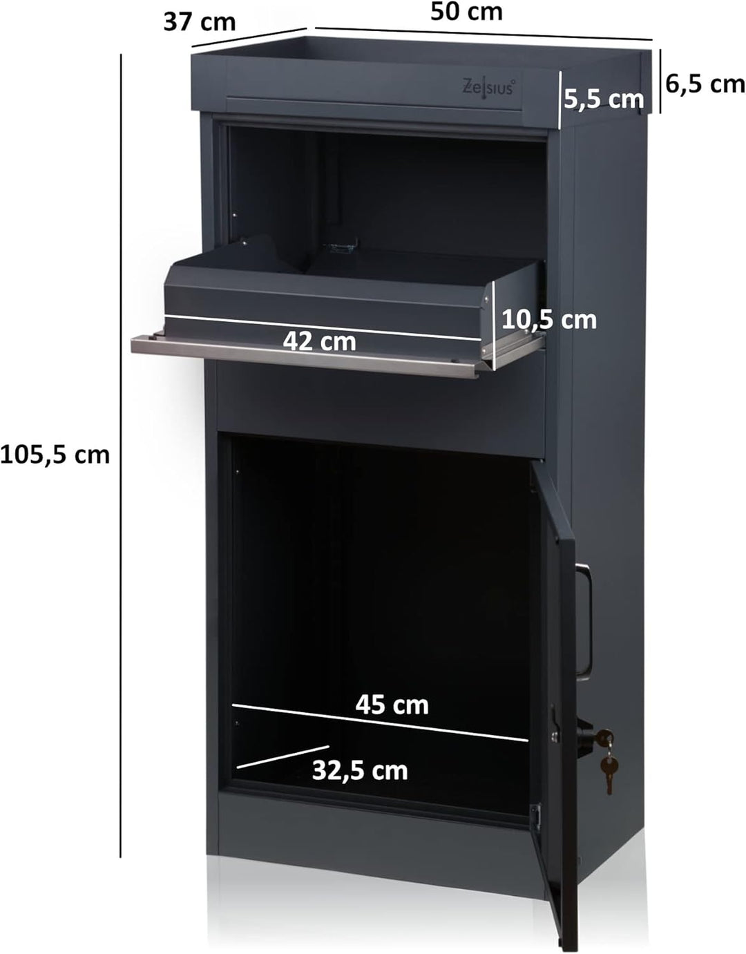 Zelsius Briefkasten mit Paketfach Pluto | pulverbeschichteter Stahl mit Edelstahl Elementen | RAL701