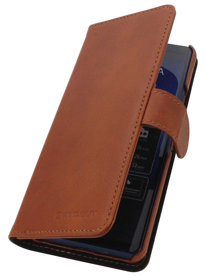 STILGUT Schutzhülle für Sony Xperia 10 II, mit Magnetverschluss, echtes Leder, Cognac, cognac