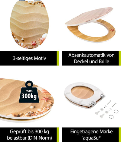 'aquaSu® WC-Sitz mit Absenkautomatik, Maritim Dekor Muschelsucher, High Gloss Toilettensitz mit Holz