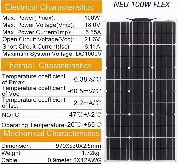 100W 12V Solarpanel Kit Flexible Monokristalline Solarpanel mit 10A Solarladeregler und 3m Solarkabe