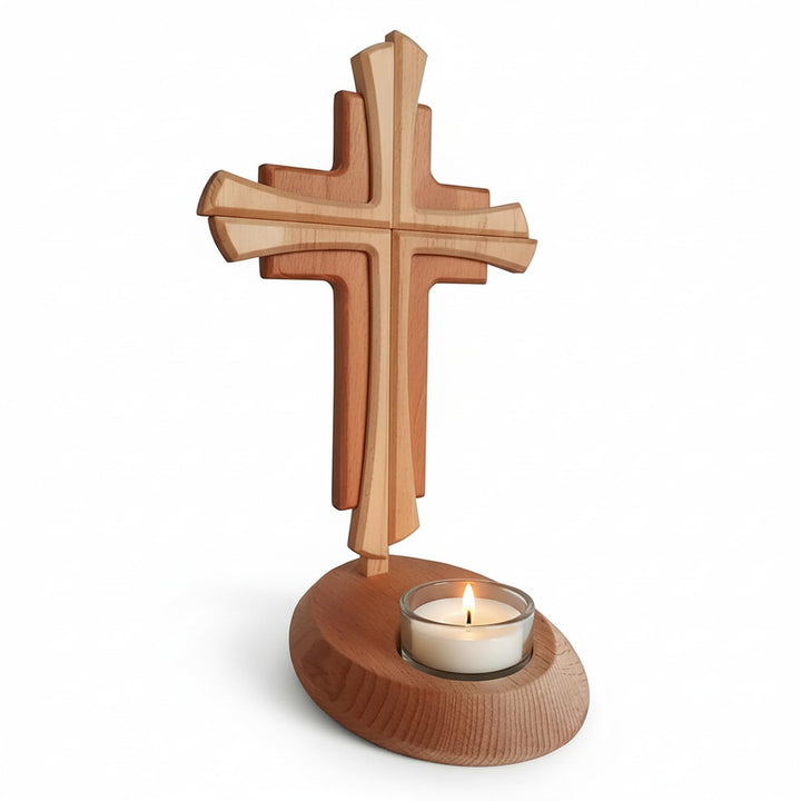 Kaltner Präsente Geschenkidee - Echtes Holz Buche Kreuz Kruzifix mit Teelicht 25 cm modern