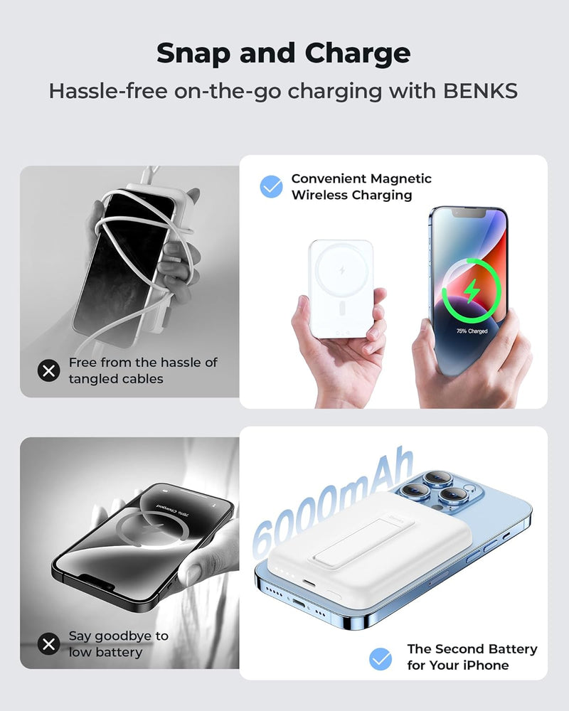 BENKS Magsafe Powerbank 6000mAh, Magnetische Kabellose Powerbank mit Faltbarem Ständer, Mini Power B