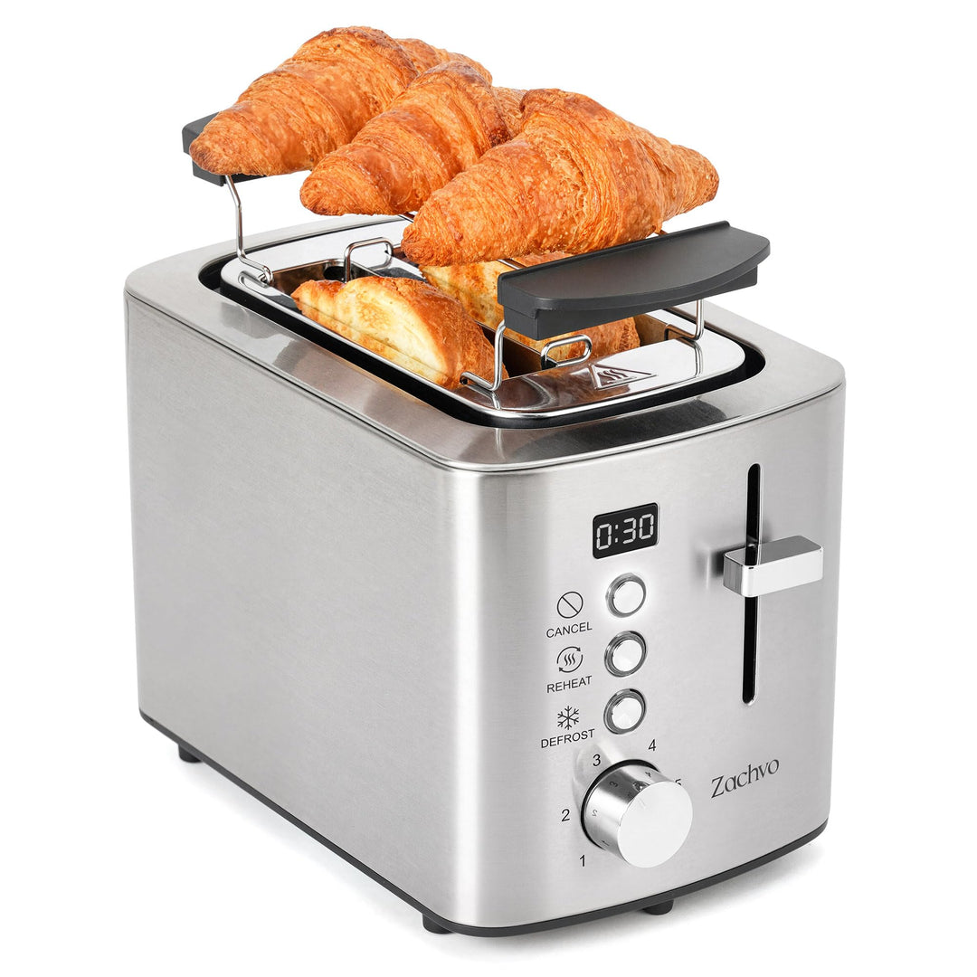 Edelstahl 2 Scheiben Toaster mit LED-Countdown & Brötchenaufsatz, extra breite 3,5 cm Schlitze für T