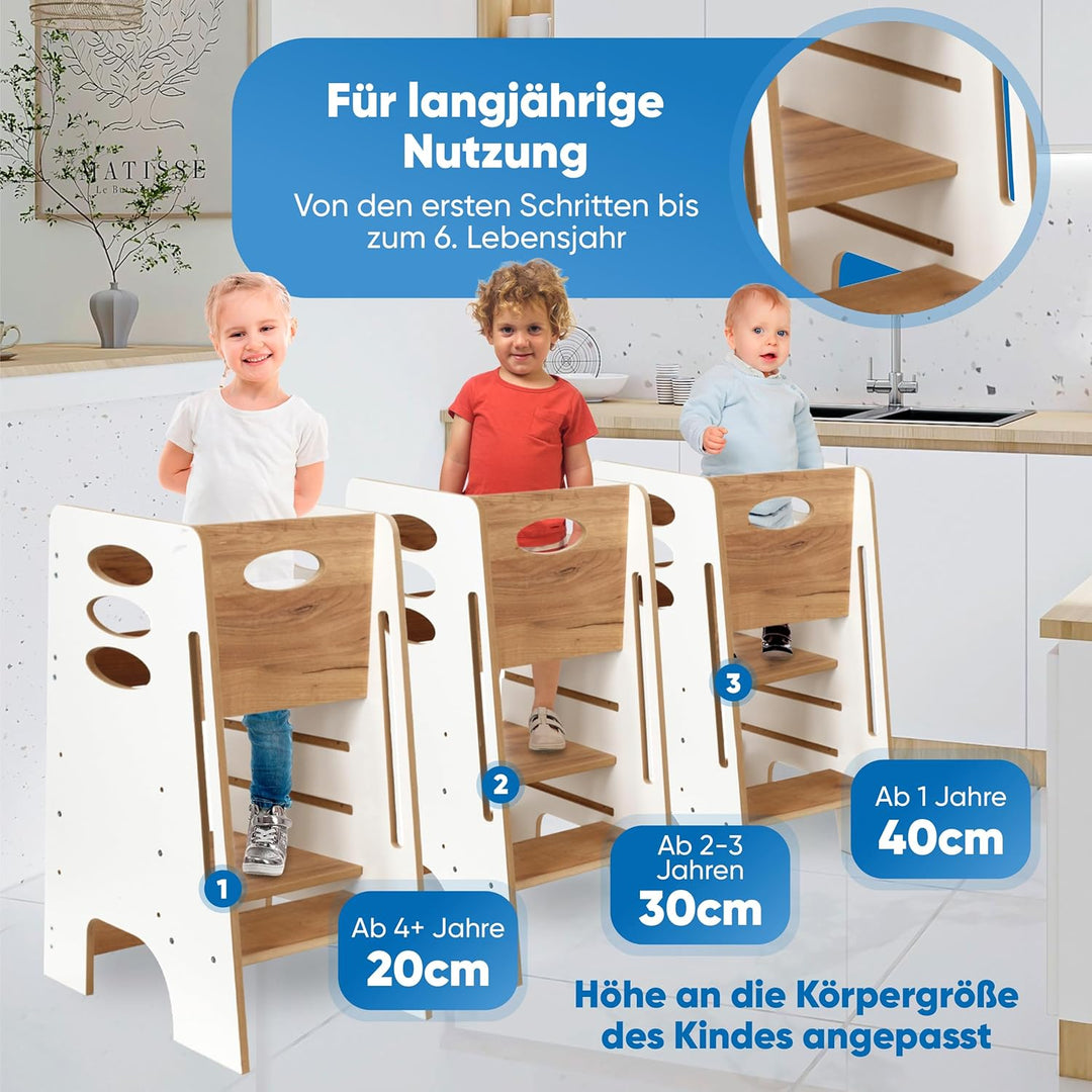 Kitchen Kids Helper Lernturm ab 1 Jahr - Höhenverstellbarer Lernturm Montessori Weiss und Eich 80cm