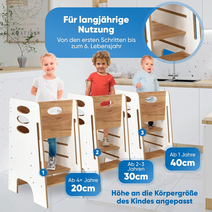 Kitchen Kids Helper Lernturm ab 1 Jahr - Höhenverstellbarer Lernturm Montessori Weiss und Eich 80cm