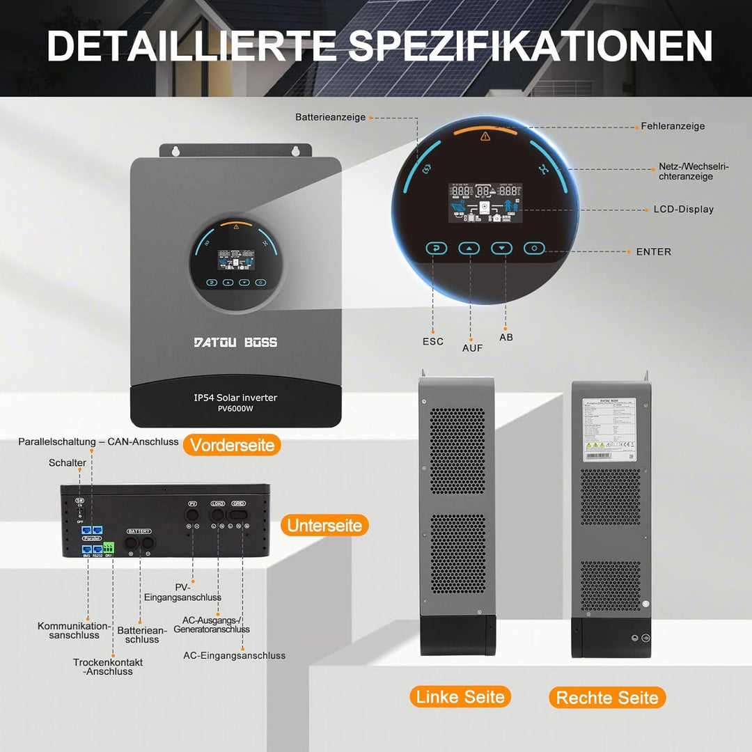 DATOUBOSS 6000W Hybrid Solar Wechselrichter 48V, Reiner Sinus, PV-Array bis 8000W, integrierter 120A