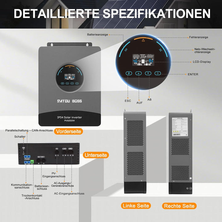 DATOUBOSS 6000W Hybrid Solar Wechselrichter 48V, Reiner Sinus, PV-Array bis 8000W, integrierter 120A