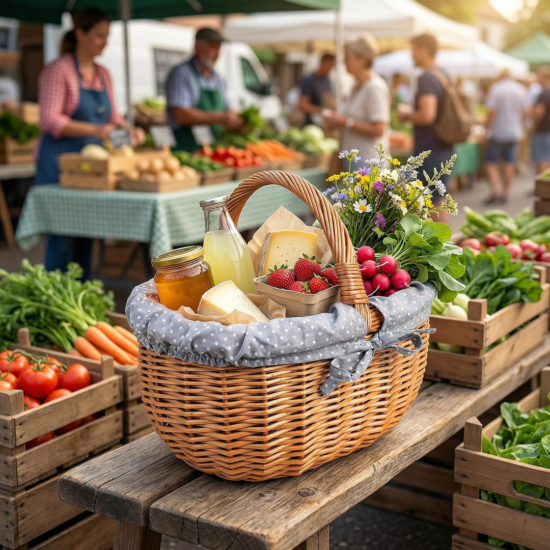 Creative Home Grosser Picknickkorb mit Stoffeinlage Grau mit Pünktchen Weidenkorb mit Henkel | Einka