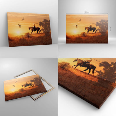 Bilder auf Leinwand 100x70cm Leinwandbild Pferd Cowboy Bauernhof Reiten Gross Wanddeko Bild Schlafzi