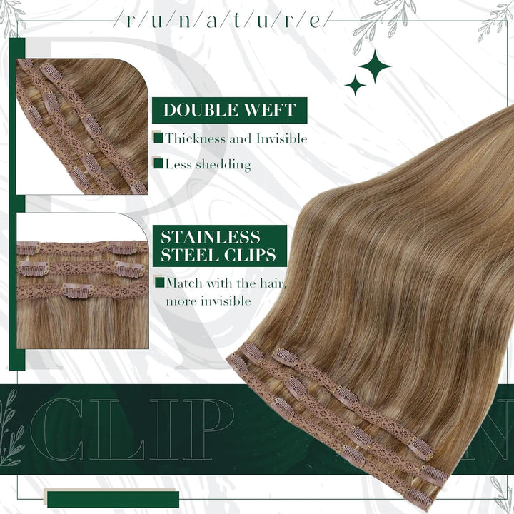 RUNATURE Clip on Extensions Echthaar Blond mit Goldblond Clip in Haarverlangerung Echthaar Remy Haar