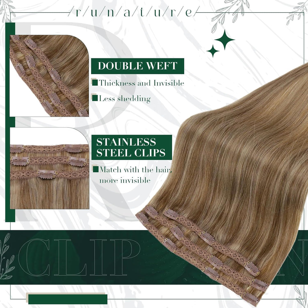 RUNATURE Clip on Extensions Echthaar Blond mit Goldblond Clip in Haarverlangerung Echthaar Remy Haar