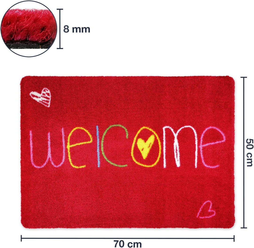 deco-mat NEU! Waschbare Fussmatte Welcome Heart 50x70cm Rot ohne Rand - Geeignet für drinnen und dra