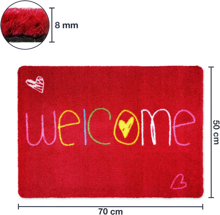 deco-mat NEU! Waschbare Fussmatte Welcome Heart 50x70cm Rot ohne Rand - Geeignet für drinnen und dra
