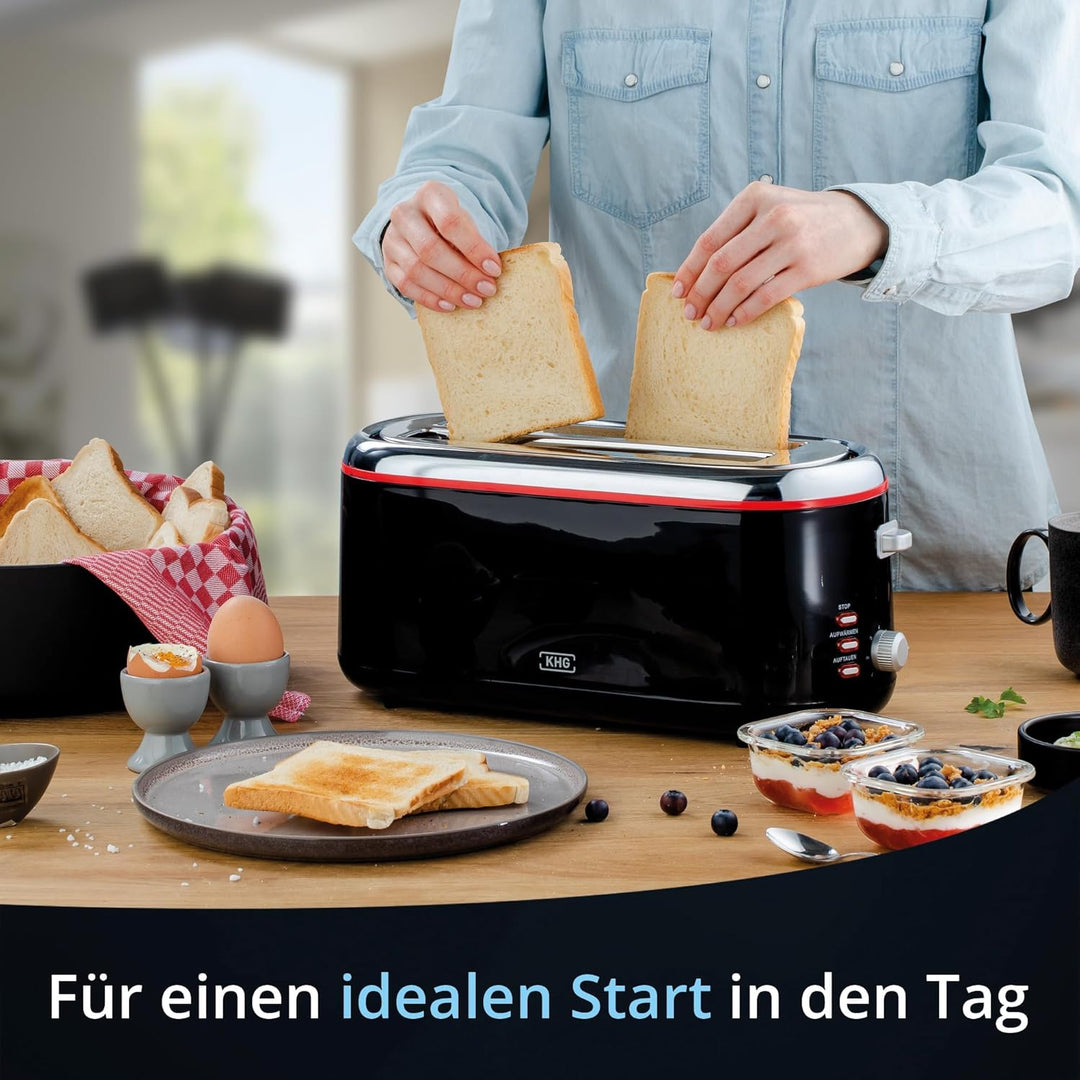 KHG TO-1301LSS Toaster Langschlitz, schwarz, 4 Scheiben, Kunststoff, mit Brötchenaufsatz, 7 Röstgrad