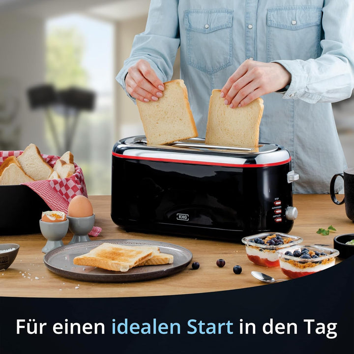 KHG TO-1301LSS Toaster Langschlitz, schwarz, 4 Scheiben, Kunststoff, mit Brötchenaufsatz, 7 Röstgrad