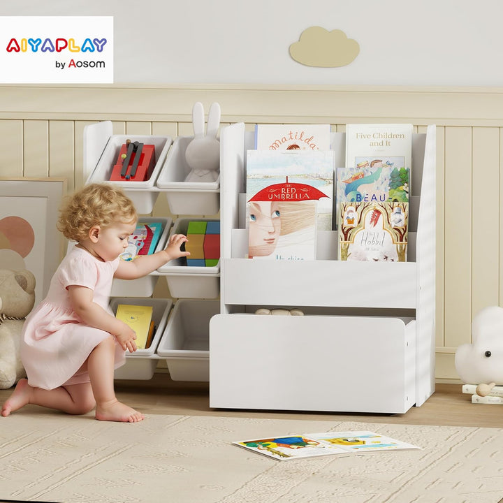 AIYAPLAY Kinderregal, Kinder-Bücherregal mit 6 herausnehmbaren Aufbewahrungsboxen, Bücherablagen, ro