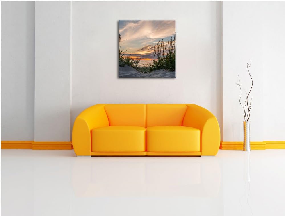 Pixxprint Gras am Strand bei Sonnenuntergang, Format: 70x70 auf Leinwand, 70x70