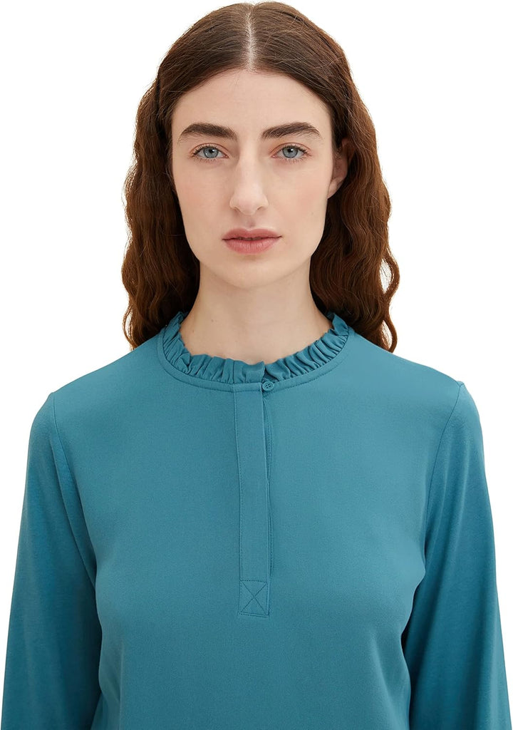 TOM TAILOR Damen Langarmshirt mit Rüschendetail L 13222 - Pastel Teal, L 13222 - Pastel Teal