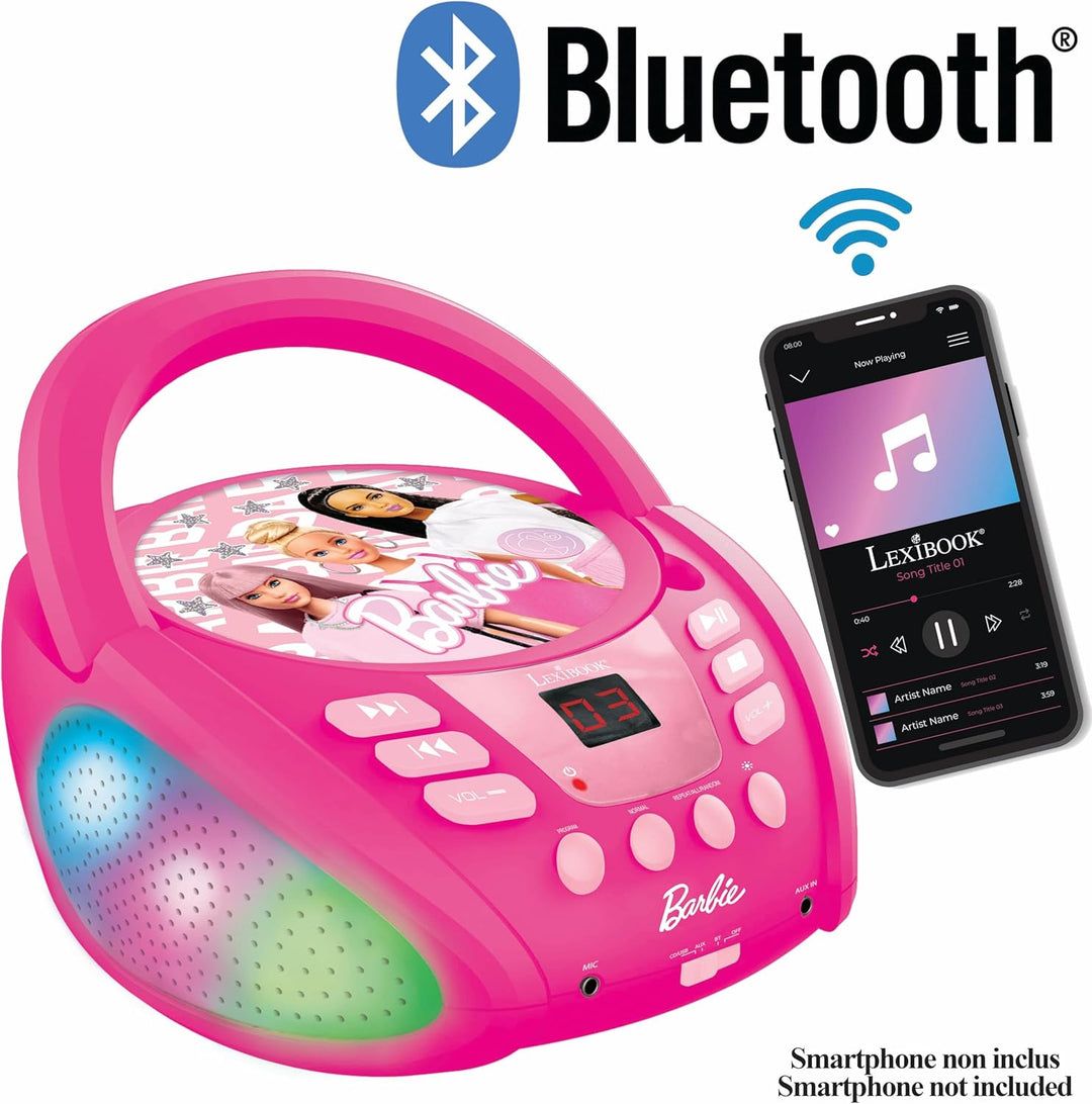 Lexibook RCD109BB Mattel Barbie Bluetooth-CD-Player für Kinder-Tragbar, mehrfarbige Lichteffekte, Mi