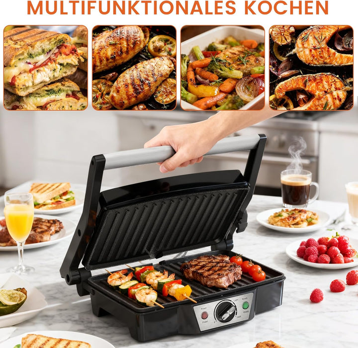 Edelstahl Kontaktgrill Elektrogrill 1500W mit Antihaftplatten | Sandwichmaker & Panini Grill für Ste