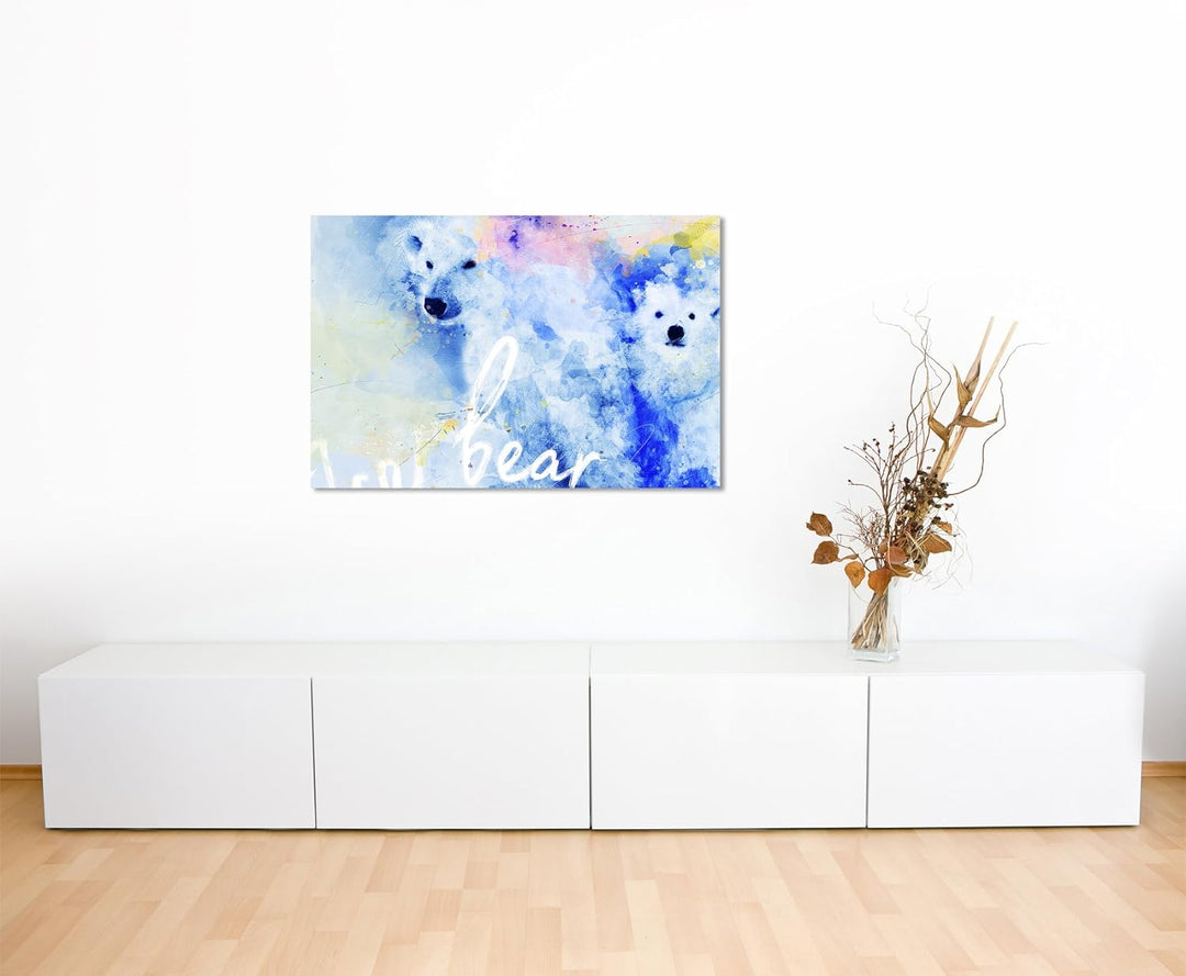 Paul Sinus Art Bild Leinwand 120x80cm Eisbären in Blautönen mit Kalligraphie, 120x80cm